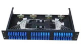 inside of 48 core rack mounted fiber patch panel with 48 adpater ports