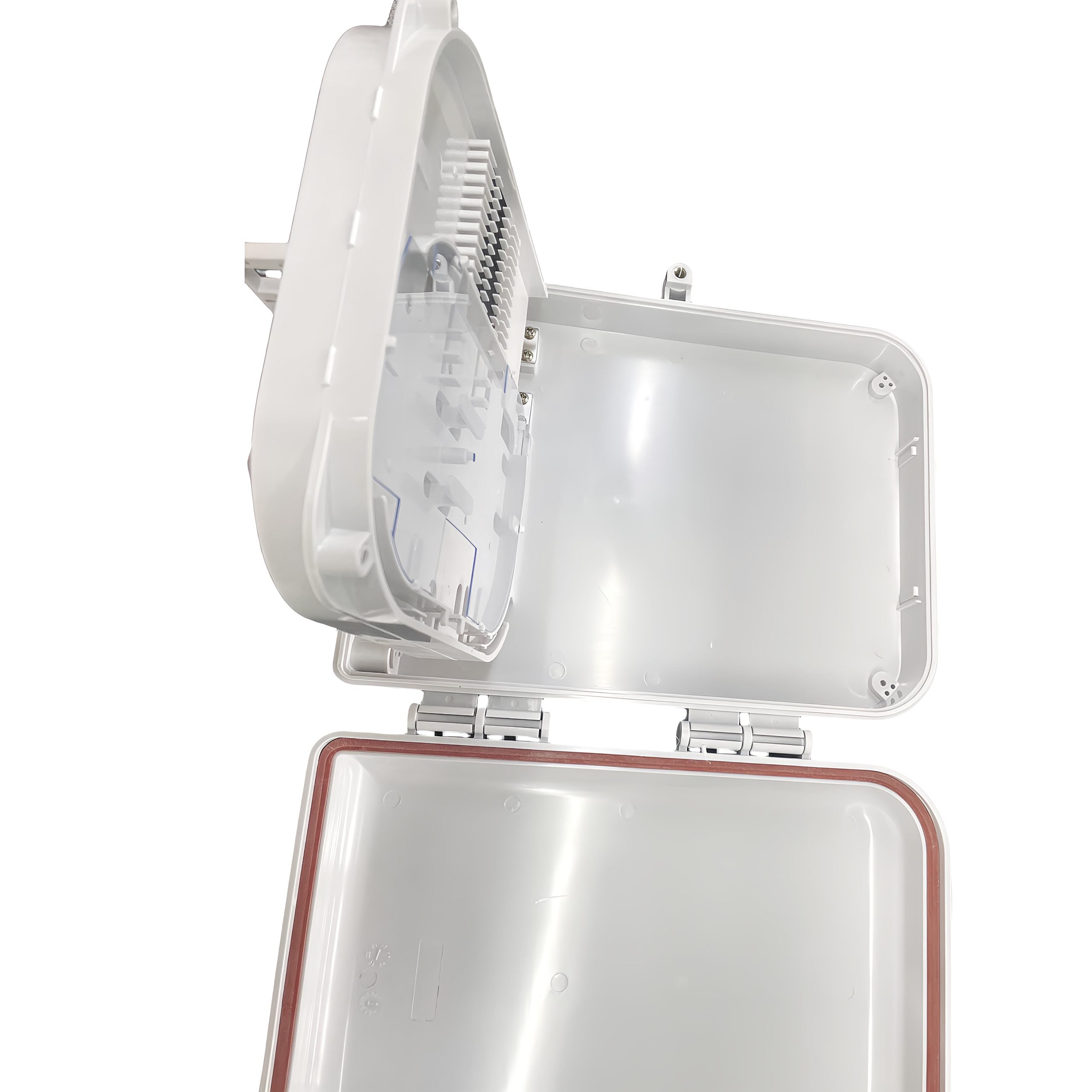 inside of weatherproof wall mount 16 port fiber optic distribution box with 2 cable access point for max 24 splices and 1:16 optical signal splitting