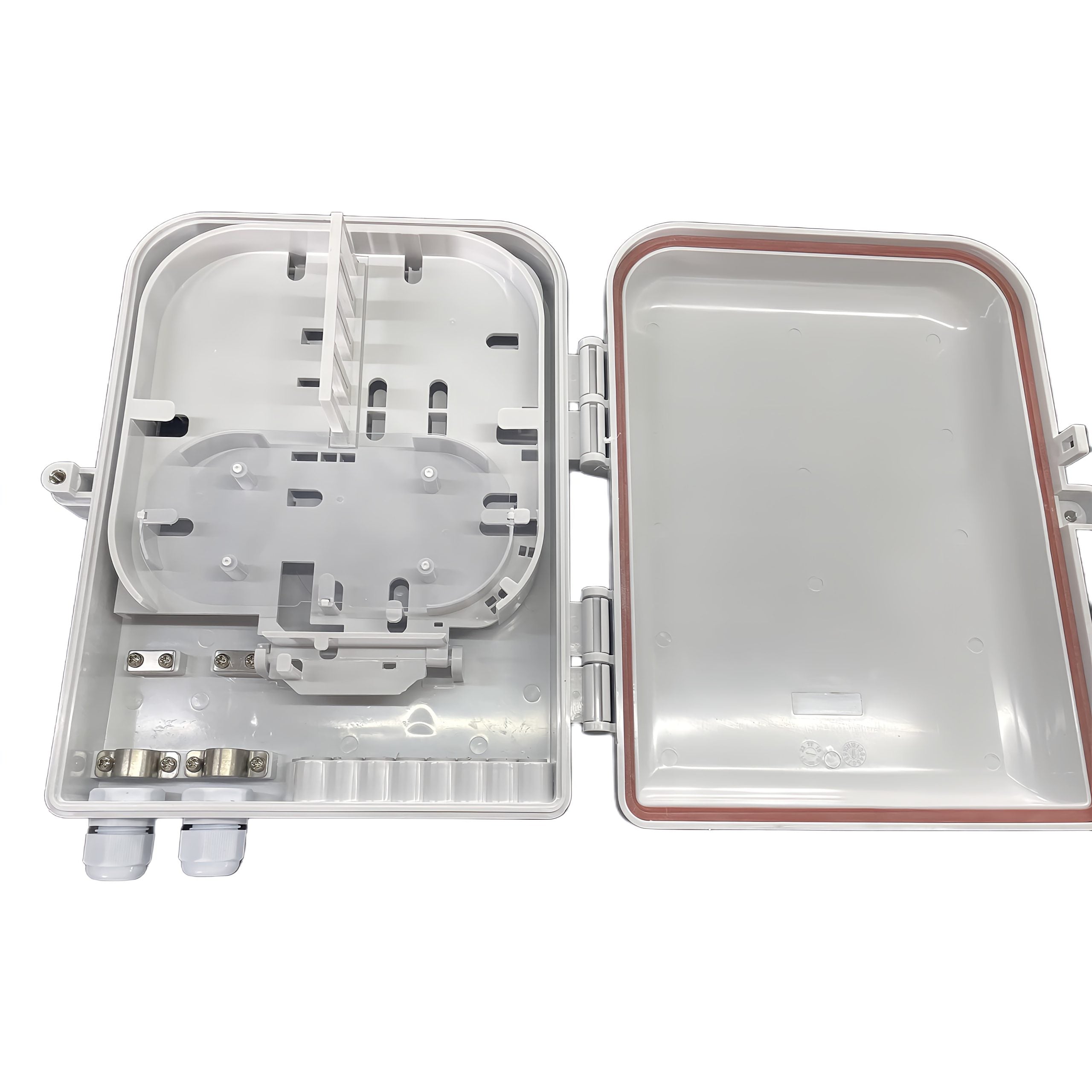 weatherproof wall mount 16 port fiber optic distribution box with 2 cable access point for max 24 splices and 1x16 optical signal splitting